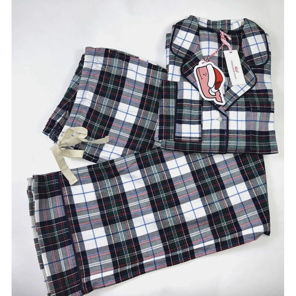 VINEYARD VINES Womens XXL Flannel Pajama Set White Green Plaid Cotton pants top